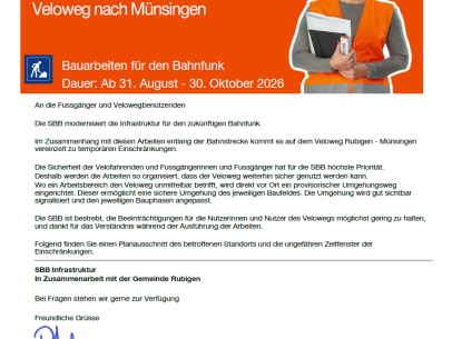 Einschränkung Veloweg Rubigen - Münsingen wegen Bauarbeiten